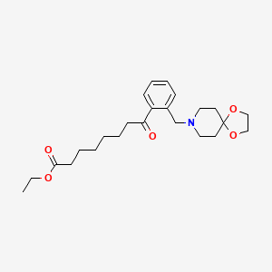 Chemical structure of ethyl 8-[2-[8-(1,4-dioxa-8-azaspiro[4.5]decyl)methyl]phenyl]-8-oxooctanoate