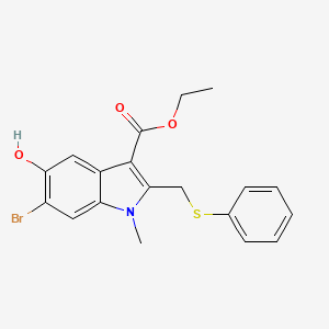 Chemical structure of Ethyl 6-bromo-5-hydroxy-1-methyl-2-((phenylthio)methyl)-1H-Indole-3-carboxylate