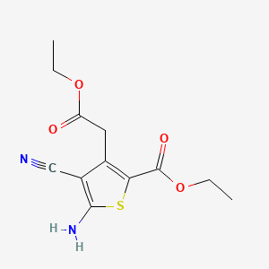 Chemical structure of Ethyl 5-amino-4-cyano-3-(2-ethoxy-2-oxoethyl)thiophene-2-carboxylate
