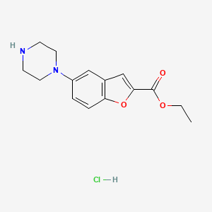 Chemical structure of Ethyl 5-(piperazin-1-yl)benzofuran-2-carboxylate hydrochloride