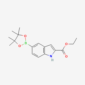 Chemical structure of Ethyl 5-(4,4,5,5-tetramethyl-1,3,2-dioxaborolan-2-yl)-1H-indole-2-carboxylate