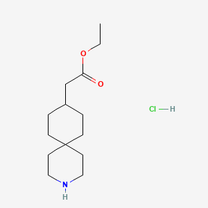Chemical structure of Ethyl 2-{3-azaspiro[5.5]undecan-9-yl}acetate hydrochloride