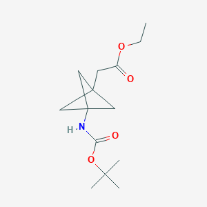 Chemical structure of Ethyl 2-(3-((tert-butoxycarbonyl)amino)bicyclo[1.1.1]pentan-1-yl)acetate