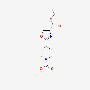 Chemical structure of ethyl 2-(1-(tert-butoxycarbonyl)piperidin-4-yl)oxazole-4-carboxylate