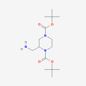 Chemical structure of Di-tert-butyl 2-(aminomethyl)piperazine-1,4-dicarboxylate