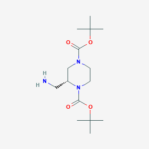 Chemical structure of Di-tert-butyl (R)-2-(aminomethyl)piperazine-1,4-dicarboxylate