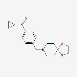Chemical structure of cyclopropyl 4-[8-(1,4-dioxa-8-azaspiro[4.5]decyl)methyl]phenyl ketone