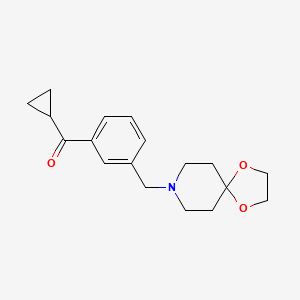 Chemical structure of cyclopropyl 3-[8-(1,4-dioxa-8-azaspiro[4.5]decyl)methyl]phenyl ketone