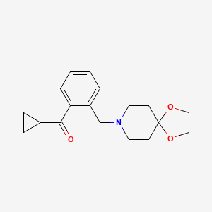 Chemical structure of cyclopropyl 2-[8-(1,4-dioxa-8-azaspiro[4.5]decyl)methyl]phenyl ketone