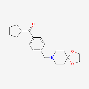 Chemical structure of cyclopentyl 4-[8-(1,4-dioxa-8-azaspiro[4.5]decyl)methyl]phenyl ketone