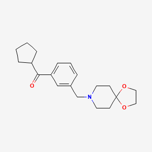 Chemical structure of cyclopentyl 3-[8-(1,4-dioxa-8-azaspiro[4.5]decyl)methyl]phenyl ketone