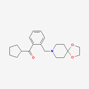 Chemical structure of cyclopentyl 2-[8-(1,4-dioxa-8-azaspiro[4.5]decyl)methyl]phenyl ketone