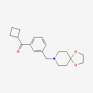 Chemical structure of cyclobutyl 3-[8-(1,4-dioxa-8-azaspiro[4.5]decyl)methyl]phenyl ketone