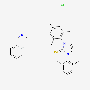 Chemical structure of Chloro[(1,3-dimesitylimidazol-2-ylidene)(N,N-dimethylbenzylamine)palladium(II)]