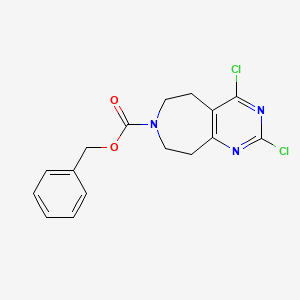 Chemical structure of Benzyl 2,4-dichloro-8,9-dihydro-5H-pyrimido[4,5-d]azepine-7(6H)-carboxylate