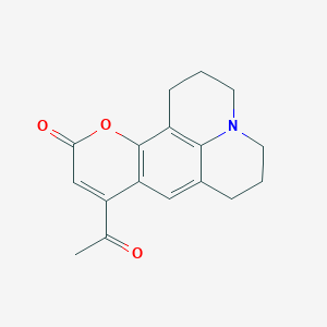 Chemical structure of 9-Acetyl-2,3,6,7-tetrahydro-1H-pyrano[2,3-f]pyrido[3,2,1-ij]quinolin-11(5H)-one