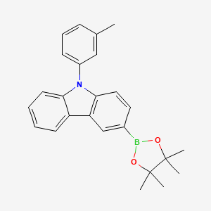 Chemical structure of 9-(3-Methylphenyl)-3-(4,4,5,5-tetramethyl-1,3,2-dioxaborolan-2-yl)-9H-carbazole