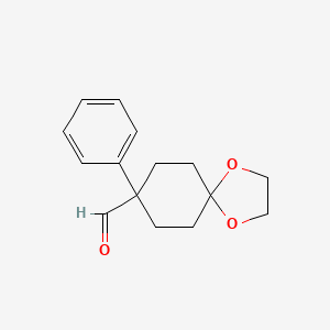 Chemical structure of 8-Phenyl-1,4-dioxaspiro[4.5]decane-8-carbaldehyde