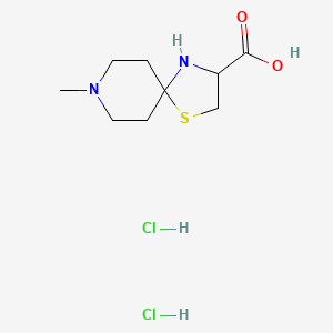 Chemical structure of 8-methyl-1-thia-4,8-diazaspiro[4.5]decane-3-carboxylic acid dihydrochloride