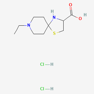 Chemical structure of 8-ethyl-1-thia-4,8-diazaspiro[4.5]decane-3-carboxylic acid dihydrochloride