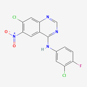 Chemical structure of 7-Chloro-N-(3-chloro-4-fluorophenyl)-6-nitroquinazolin-4-amine
