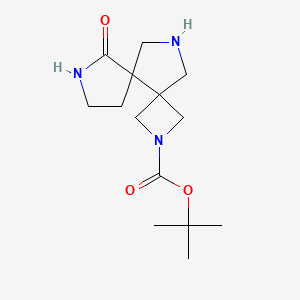 Chemical structure of 6-Oxo-2,7,11-triaza-dispiro[3.0.4.3]dodecane-2-carboxylic acid tert-butyl ester