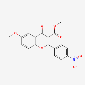 Chemical structure of 6-Methoxy-3-(methoxycarbonyl)-2-(4-nitrophenyl)-4H-benzopyran-4-one
