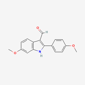 Chemical structure of 6-Methoxy-2-(4-methoxyphenyl)-1H-indole-3-carbaldehyde