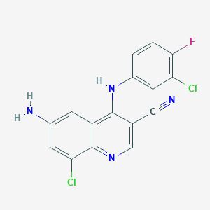 Chemical structure of 6-amino-8-chloro-4-((3-chloro-4-fluorophenyl)amino)quinoline-3-carbonitrile