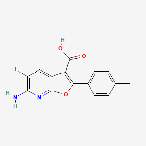 Chemical structure of 6-amino-5-iodo-2-(p-tolyl)furo[2,3-b]pyridine-3-carboxylic acid