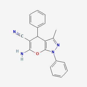 Chemical structure of 6-Amino-3-methyl-1,4-diphenyl-1,4-dihydropyrano[2,3-c]pyrazole-5-carbonitrile