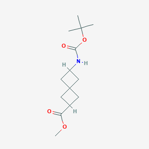 Chemical structure of 6-[(tert-Butoxycarbonyl)amino]spiro[3.3]-heptane-2-carboxylic acid methyl ester