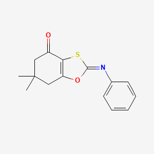 Chemical structure of 6,6-dimethyl-2-(phenylimino)-4,5,6,7-tetrahydro-2H-1,3-benzoxathiol-4-one