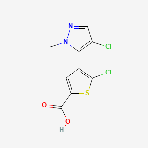 Chemical structure of 5-Chloro-4-(4-chloro-1-methyl-1H-pyrazol-5-yl)thiophene-2-carboxylic acid