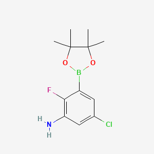 Chemical structure of 5-Chloro-2-fluoro-3-(4,4,5,5-tetramethyl-1,3,2-dioxaborolan-2-yl)aniline