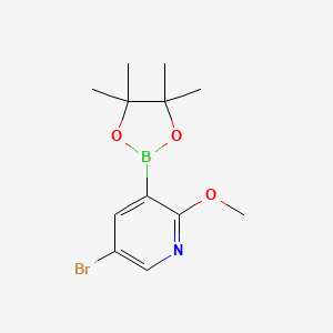 Chemical structure of 5-Bromo-2-methoxy-3-(4,4,5,5-tetramethyl-1,3,2-dioxaborolan-2-yl)pyridine