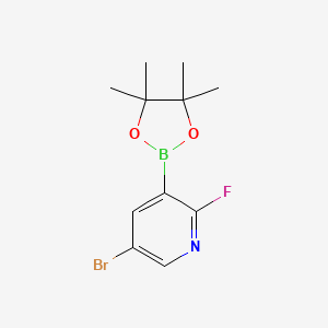 Chemical structure of 5-Bromo-2-fluoro-3-(4,4,5,5-tetramethyl-1,3,2-dioxaborolan-2-yl)pyridine