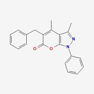 Chemical structure of 5-Benzyl-3,4-dimethyl-1-phenylpyrano[2,3-c]pyrazol-6-one