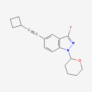 Chemical structure of 5-(Cyclobutylethynyl)-3-fluoro-1-(tetrahydro-2H-pyran-2-yl)-1H-indazole