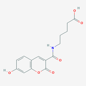 Chemical structure of 5-(7-Hydroxy-2-oxo-2H-chromene-3-carboxamido)pentanoic acid