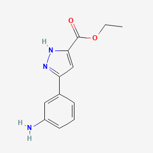 Chemical structure of ethyl 5-(3-aminophenyl)-1H-pyrazole-3-carboxylate