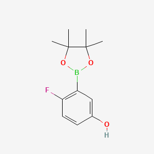 Chemical structure of 4-Fluoro-3-(4,4,5,5-tetramethyl-1,3,2-dioxaborolan-2-yl)phenol