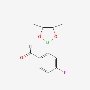Chemical structure of 4-Fluoro-2-(4,4,5,5-tetramethyl-1,3,2-dioxaborolan-2-yl)benzaldehyde