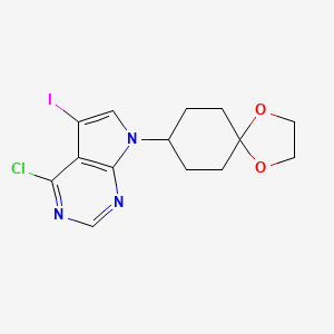Chemical structure of 4-chloro-5-iodo-7-(1,4-dioxaspiro[4.5]decan-8-yl)-7H-pyrrolo[2,3-d]pyrimidine
