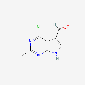 Chemical structure of 4-Chloro-2-methyl-7H-pyrrolo[2,3-d]pyrimidine-5-carbaldehyde