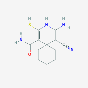 Chemical structure of 4-amino-5-cyano-2-mercapto-3-azaspiro[5.5]undeca-1,4-diene-1-carboxamide