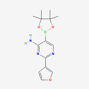 Chemical structure of 4-Amino-2-(3-furyl)pyrimidine-5-boronic acid pinacol ester