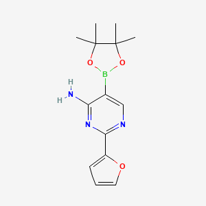 Chemical structure of 4-Amino-2-(2-furyl)pyrimidine-5-boronic acid pinacol ester