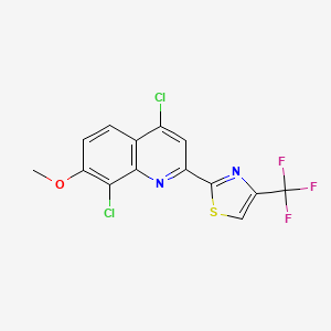 Chemical structure of 4,8-Dichloro-7-methoxy-2-[4-(trifluoromethyl)-1,3-thiazol-2-yl]quinoline