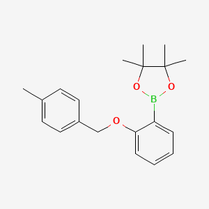 Chemical structure of 4,4,5,5-Tetramethyl-2-(2-((4-methylbenzyl)oxy)phenyl)-1,3,2-dioxaborolane